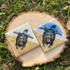 Beach Sea Turtle Ceramic Coasters SET OF 2 - Nautical Drink ware - Coastal